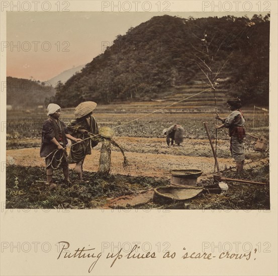 Putting up lines as scare-crows, about 1873-1883. Creator: Shinichi Suzuki I.