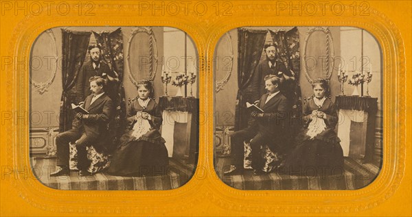 Parlor scene with two men and one woman, 1855-1860. Creator: Unknown.