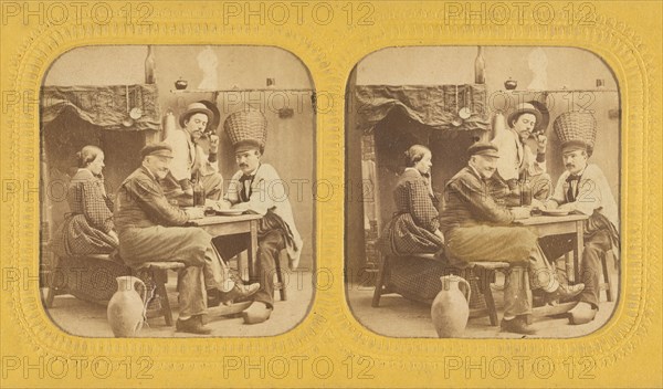 Three men and a woman seated at a table drinking, 1855-1860. Creator: Unknown.