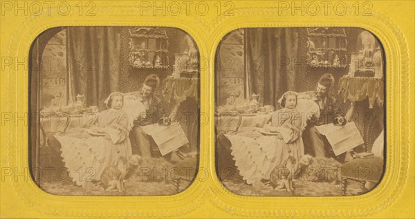 Genre scene: woman at table to feet propped on chair, man in hat next to her, dog and...1855-1860. Creator: Unknown.