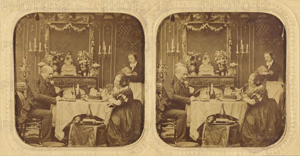 Elder man and woman at table eating, servant in background, 1855-1860. Creator: Unknown.