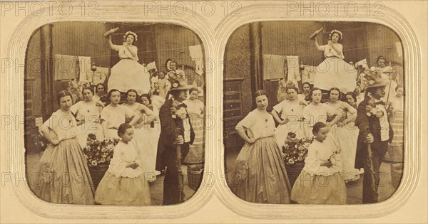 Group of woman following a man, one seated on a litter pouring liquid into a glass, 1855-1860. Creator: Unknown.