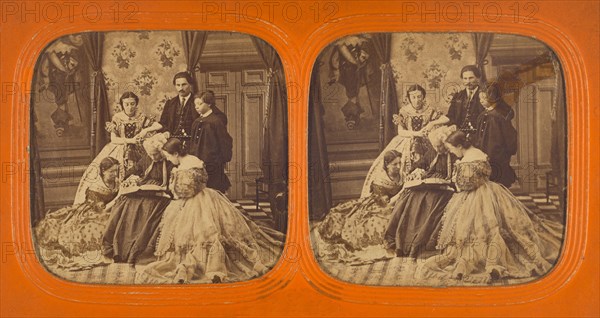 Family scene in parlor: elder woman reading to group, 1855-1860. Creator: Unknown.