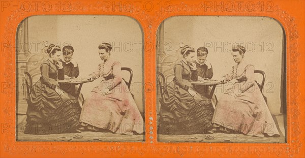 Three women at a table playing a game, 1855-1860. Creator: Unknown.