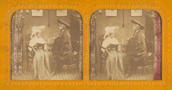 Young girl dressed as a nun with young boy wearing a cloak and three-corner hat, 1855-1860. Creator: Unknown.