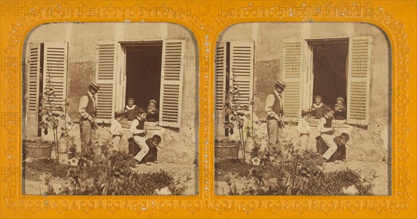 Three children playing leap frog, man behind them, two children observing from an open...1855-1860. Creator: Unknown.