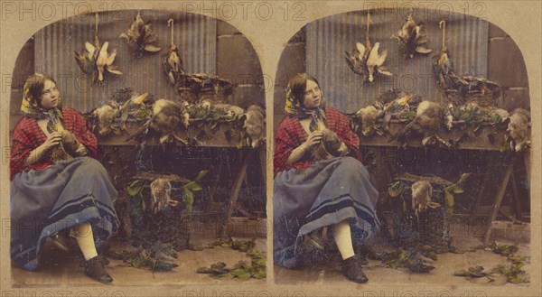 Young woman seated by table with dead fowl, rabbits, etc., about 1860. Creator: Unknown.