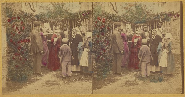 Group of people playing a game in the garden, one woman is blindfolded, about 1865. Creator: Unknown.