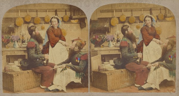 Two bearded men in a kitchen, with a woman who is probably the cook, about 1860. Creator: Unknown.