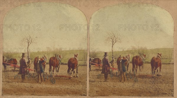 Two men in field with an agricultural machine hooked up to a team of horses, about 1865. Creator: Unknown.