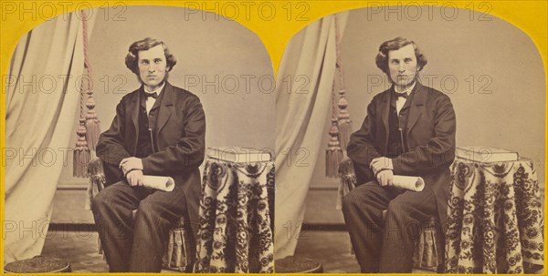 Unidentified man with muttonchops seated, holding a rolled paper, about 1860. Creator: Unknown.