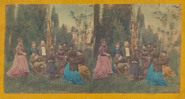 Two women twirling a rope for a child, others observing, about 1860. Creator: Unknown.