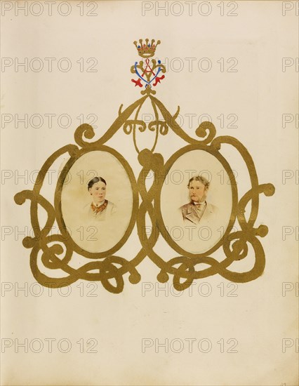 Collage of Lord and Lady Yarborough beneath Lady Yarborough's monogram, about 1864. Creator: Unknown.