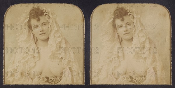 Woman wearing a lace mantilla with breasts exposed, 1855-1860. Creator: Unknown.