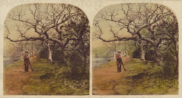 Man in hunting outfit with hat standing, holding shotgun, 1857-1859. Creator: William Morris Grundy.