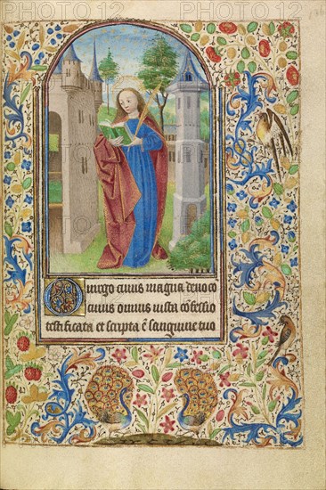 Saint Barbara with a Book and a Martyr's Palm before a Tower; Book of Hours, about 1466-1470. Creator: Master of Jacques of Luxembourg.