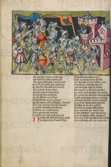 Moses Defeating the Muslim Army; Weltchronik, about 1400-1410. Creator: Unknown.