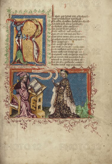 A Scribe and a Woman; Weltchronik, about 1400-1410. Creator: Unknown.