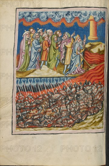 The Crossing of the Red Sea; The Egyptians Engulfed; Weltchronik, about 1400-1410. Creator: Unknown.