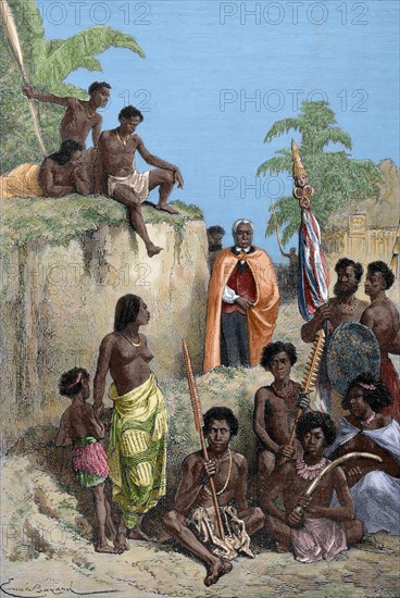 Kamehameha and his warriors, 1880.  Creator: Emile Antoine Bayard.