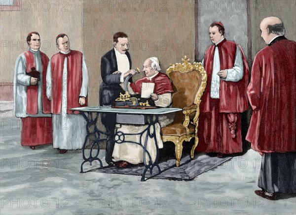 Leo XIII directs a phonograph message to the American Catholic people...jubilee, 1892.  Creator: Rico.