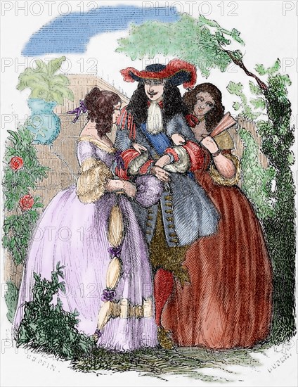 The young Louis XIV strolling with the Mancini sisters, 19th century.  Creator: Unknown.