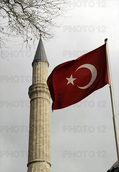 Turkish flag and minaret of Hagia Sophia, Istanbul, Turkey, 2013. Creator: LTL.