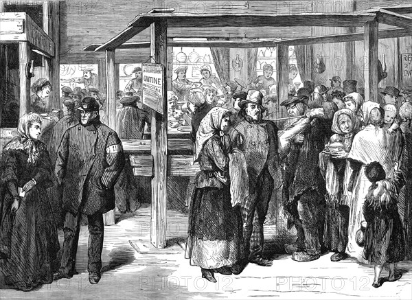 Municipal canteen at the corner of the Boulevard Poissonnière, Paris (sketch by balloon post), 1871. Creator: Unknown.