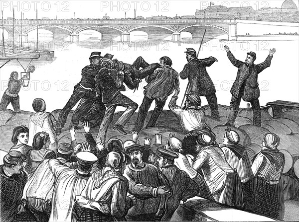 Mob of Paris rioters drowning a police agent, 1871. Creator: Unknown.