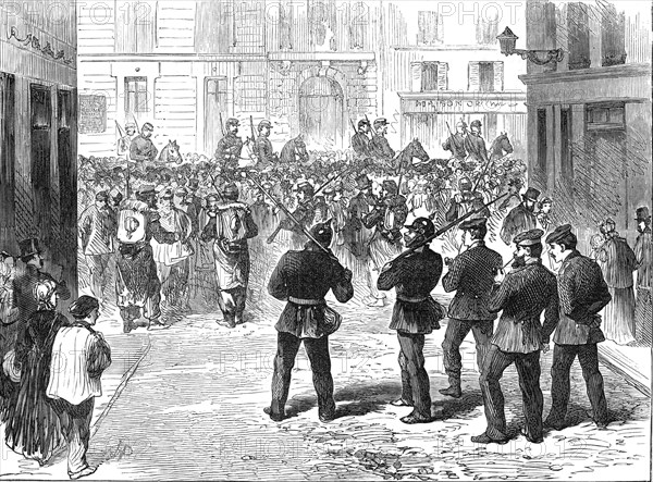 The Germans in Paris: the line of demarcation, French and Prussian sentries, rue du Colisée, 1871. Creator: Unknown.