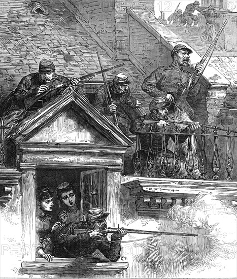 The Fighting in Paris: on the housetops: Faubourg Poissonnière, 1871. Creator: Alfred William Hunt.