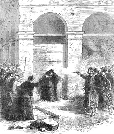 The Late Events in Paris: a woman shot at the Louvre for spreading petroleum, 1871. Creator: Unknown.