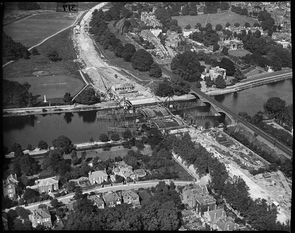 Twickenham Bridge under construction, Twickenham, Richmond Upon Thames, Greater London, c1930s. Creator: Arthur William Hobart.