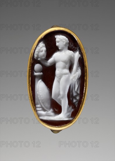 Cameo Gem with Perseus holding the Head of Medusa set into a Ring, 25 B.C.-A.D. 25. Creator: Unknown.