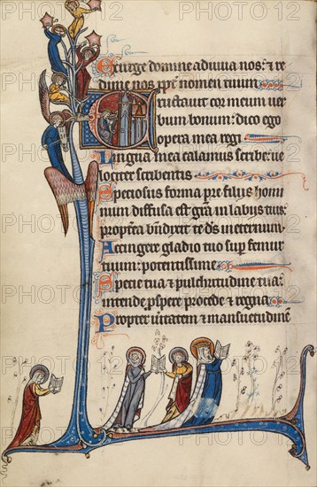 Initial E: David Playing the Harp; Bute Psalter, text and illumination about 1285. Creator: Bute Master.