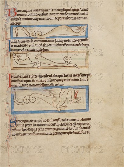 A Boa; A Jaculus; A Siren; Northumberland Bestiary, about 1250-1260. Creator: Unknown.