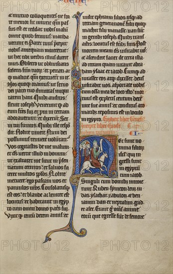 Initial H: Moses Riding toward the Israelites; Marquette Bible, about 1270. Creator: Unknown.