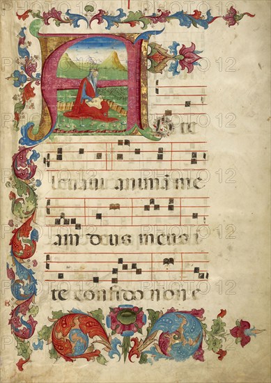 Initial A: David Playing the Psaltery; Gradual, about 1460-1480. Creator: Unknown.