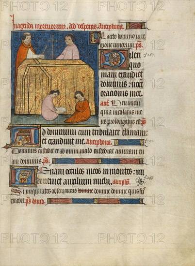 Monks Praying for a Deceased Person; Psalter, about 1390. Creator: Unknown.