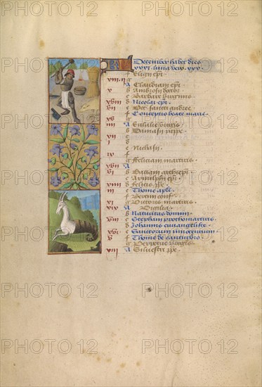 December Calendar Page; Slaughtering a Pig; Capricorn; Katherine Hours, about 1480-1485. Creator: Unknown.