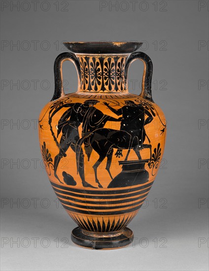 Attic Black-Figure Neck Amphora; Storage Jar with Herakles Threatening..., about 480-470 or 460 B. C Creator: Group of Würzburg 221.