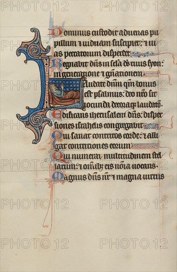 Initial L: A Man in Bed Raising His Hands to Heaven; Bute Psalter, text and illumination about 1285. Creator: Bute Master.