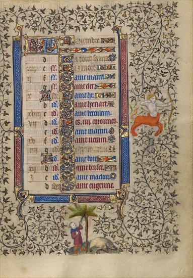 Calendar Page for November: Gathering Acorns for Pigs: Sagittarius; Book of Hours, about 1410. Creator: Unknown.