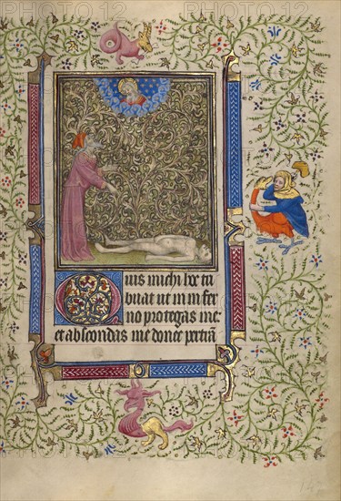 Job Pointing to a Corpse on the Ground; Book of Hours, about 1410. Creator: Unknown.