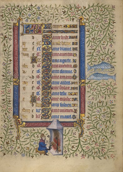 Calendar Page for February: Keeping Warm: Pisces; Book of Hours, about 1410. Creator: Unknown.