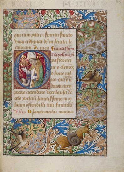 Initial O: Saint Nicholas Blessing a Child; Book of Hours, about 1480-1490. Creator: Georges Trubert.