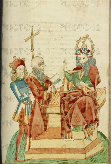 King Avenir Speaks to a Pagan Scholar in Josaphat's Presence; Barlaam und Josaphat, 1469. Creators: Hans Schilling, Diebolt Lauber.