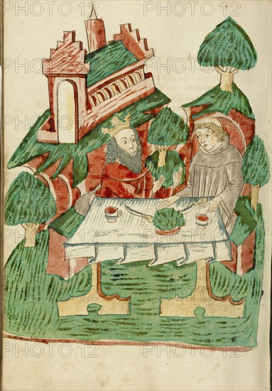 Josaphat and Barlaam Share a Meal; Barlaam und Josaphat, 1469. Creators: Hans Schilling, Diebolt Lauber.