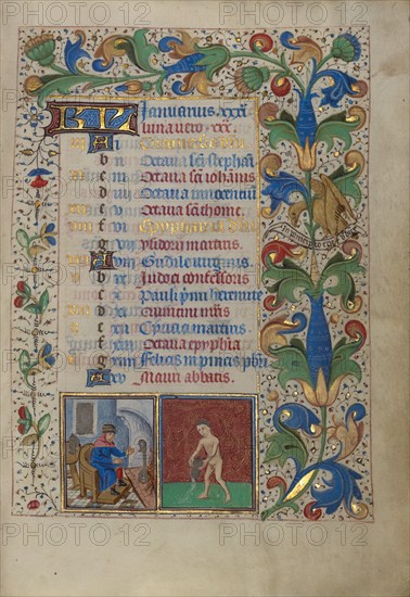 Calendar Page for January: Keeping Warm: Aquarius; Book of Hours, about 1450-1455. Creator: Master of the Lee Hours.