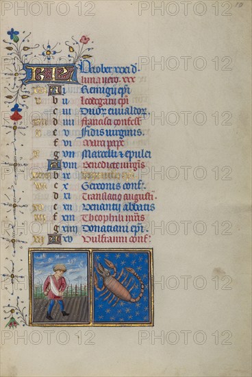 Calendar Page for October: Sowing: Scorpio; Calendar Page for October, about 1450-1455. Creator: Master of the Lee Hours.